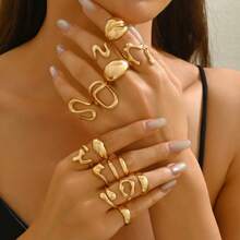 14pcs Irregular Hollow Round Smooth Gold Stackable Rings Set, Versatile Accessory Suitable For Any Occasion, High-End Matching Earrings, Perfect Romantic Gift For Women
