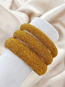 Juego de 3 pulseras brazalete de metal geométricas redondas con incrustaciones de rhinestone de moda y lujo, joyería de alta gama para mujer para fiesta