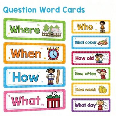 8 Peças Cartões Educativos de Palavras Interrogativas, Decoração de Quadro de Avisos, Materiais Montessori, Suprimentos Escolares