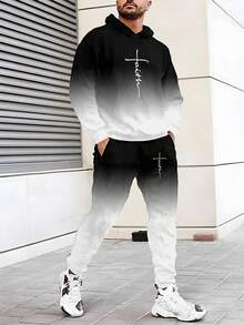 Nuevo conjunto de sudadera con capucha para hombres de primavera y otoño, sudadera con capucha y pantalones de chándal de manga larga con degradado de negro y blanco, conjunto de chándal casual personalizado con estampado geométrico para hombres