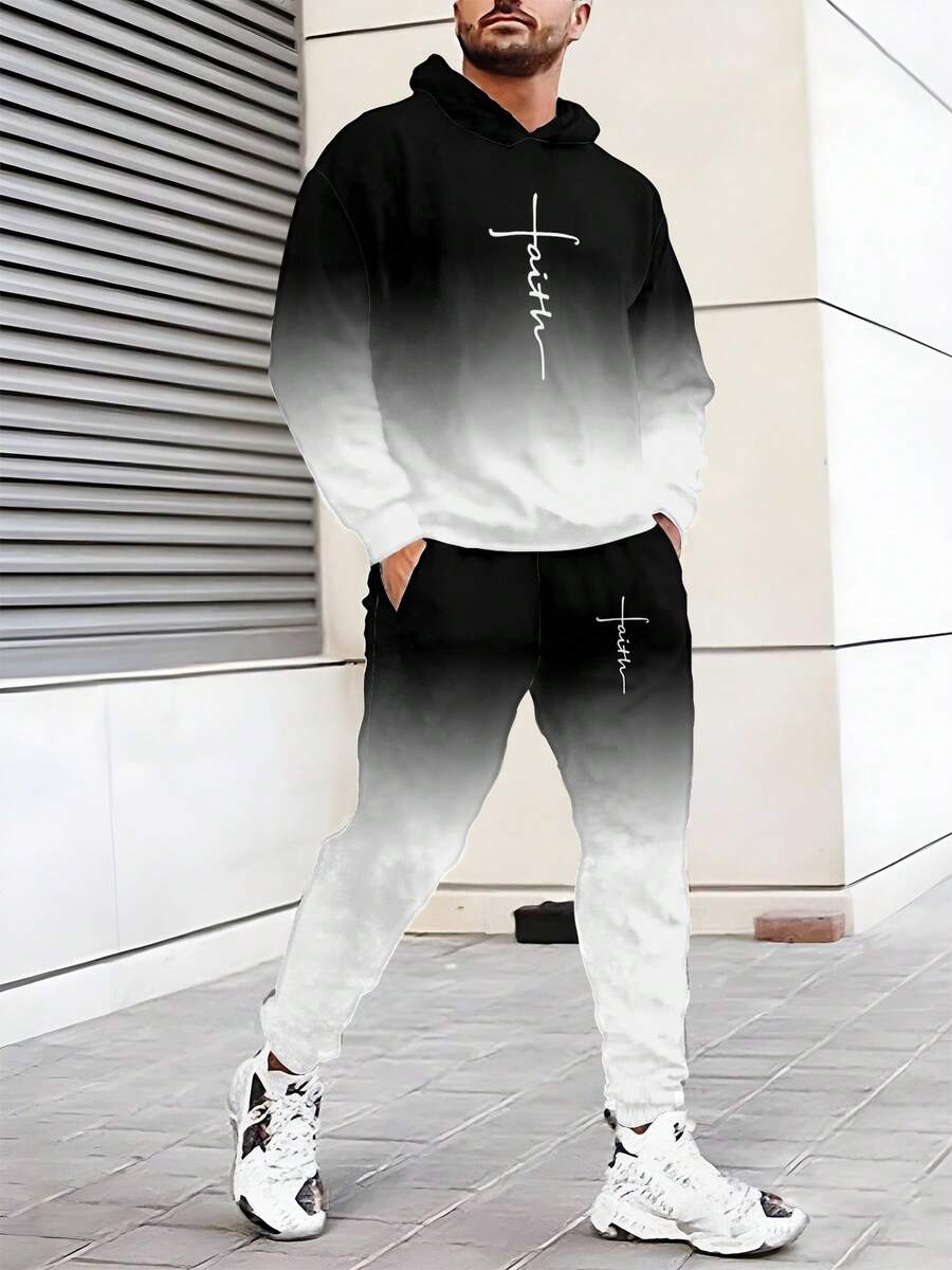 Nuevo conjunto de sudadera con capucha para hombres de primavera y otoño, sudadera con capucha y pantalones de chándal de manga larga con degradado de negro y blanco, conjunto de chándal casual personalizado con estampado geométrico para hombres