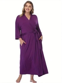 Womens Plus Size Long Robes Lightweight Kimonos V Neck Knit Bathrobe Soft Maternity Robe Sleepwear - 紫色 - 查看 2