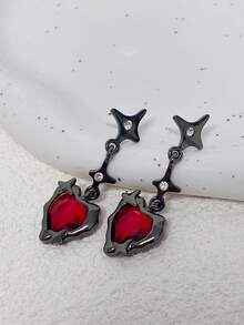 1 Pair Heart-Shaped Metal & Resin Crystal Earrings, European & American Style Personalized Fashion Earrings For Women & Girls, Travel, Wedding, Party, Birthday, Christmas Gift 2025 - Black - View 4
