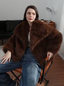 HH Faux Fur Jacket For Women Elegant Solid Lapel Long Sleeve Coat Casual Loose Female Winter Oversize Lady Chic Streetwear Jakcets - 紫紅色 - 查看 9