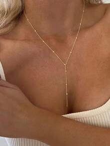 1pc Long Y-Shaped Pendant Necklace With Round Beads, Alloy Material, Suitable For Parties, Outfits, Daily Wear, Gifts (Handmade Chain Cut To Appropriate Length, Bead Quantity Adjustable)