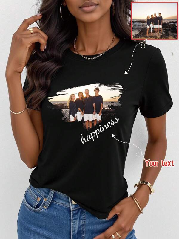 Customized Women's T-Shirt - Add Your Own Text And Images, Minimalist Spring/Summer Apparel, Customized (Family Photo/Selfie/Pet Photo/Friend Photo/Party Photo) Customized Text/Blessing/Name, Fashionable, Minimalist, Casual Unique