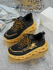 时尚透气缓震厚底休闲高街厚底运动鞋，返校学生鞋 - 黑金 - 查看 2