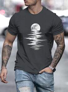 Men Moon Print T-Shirt - Grey - View 1