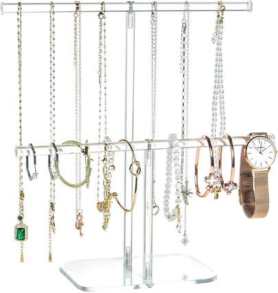 Premium Jewelry Stand , Solid Clear 2-Tier Acrylic Jewelry Organizer Stand & Bracelet Holder Stand For Necklace Display, Ring & Watch Display