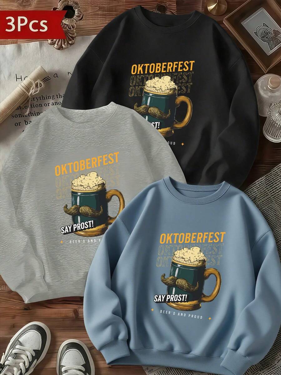 三pcs 慕尼黑啤酒節，Munich Beer Festival theme, beer pattern print, casual sweatshirt, unisex design, loose fit, soft material, suitable for spring and autumn, comfortable for everyday wear, perfect gift for spring and autumn, comfortable for everyday wear, perfect gift for spring and autumn, comfortable for everyday wear, perfect giftift..Curve 運動套組，純件套組。 ，棉質長袖上衣，秋裝假期度假，日常休閒，戶外運動服裝，節日服裝，適合男士/女士/男孩/女孩/兒童/青少年，情侶款/親子裝