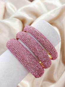 Juego de 3 pulseras brazalete de metal geométricas redondas con incrustaciones de rhinestone de moda y lujo, joyería de alta gama para mujer para fiesta