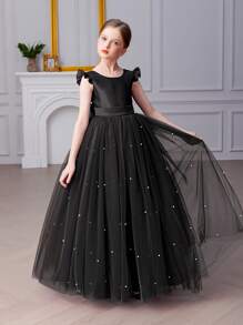 Tween Girl Black Mesh Handmade Beaded Bow Party Dress, Elegant Princess Dress Suitable For Girls Birthday Party, Banquet, Prom, Masquerade Ball, Flower Girl, Holiday Celebration - Black - View 6