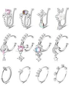 Milacolato Nose Cuff Fake Nose Ring Hoop Clip On Nose Ring CZ Dangle Fake Nose Ring Cartilage Tragus Ring Nose Cuff Non Piercing For Women Men - 彩色 - 查看 6