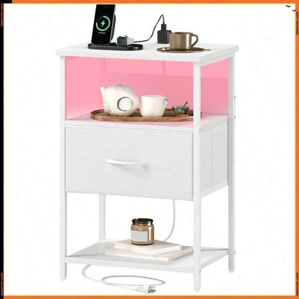 Bedside Table, Small White Dresser With Drawers And Storage Shelves