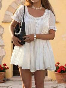 Baby Doll Mini Dress For Women Summer Solid Color Loose Bubble Short Sleeve Scoop Neck Dress - trắng - Xem 6