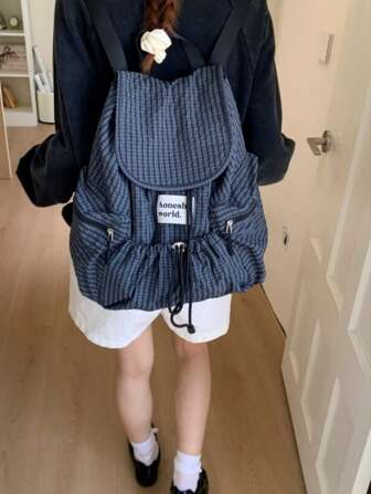 大容量时尚格子多口袋尼龙休闲背包防水轻便可折叠抽绳贴片字母旅行包夏季