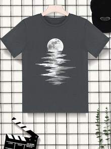 Men Moon Print T-Shirt - Grey - View 2