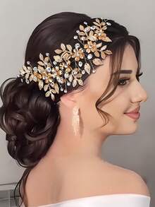 1 Set Alloy Diamond Bridal Headband With Earrings Wedding Hair Accessories - Gold - View 3