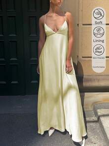 Women's Satin V-Neck Elegant Summer Maxi Dress, Silky Nightdress, Holiday Party Birthday Formal Occasion Dress - Light Yellow - View 5