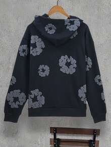 One Piece Set Denim Flower Puff Print Hoodie, Polyester Graphic Vintage Pullover Streetwear Voor Men - Màu xám đậm - Xem 3
