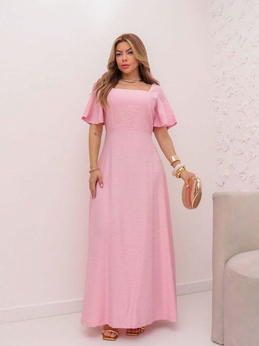 A&DD MODA, REF: 8025 Women's Short-Sleeved Lotus Edge Dress, Solid Color, Long A-Line Skirt, Temperament Slim Waist Skirt For Summer 2025 - 粉色 - 查看 1