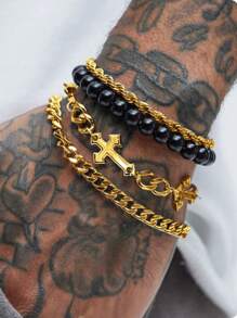 3pcs/4pcs/8pcs Set Men's Stainless Steel Cross & Cubic Zirconia Bracelet, Unisex Business Punk Style For Commute, Campus, Streetwear, Casual Outfit