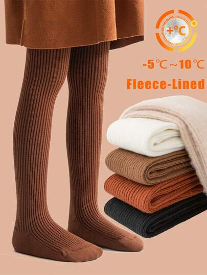 1pc Girls' Solid Color Vertical Ribbed Thermal Lined Tights, Warm And Versatile For Indoor And Outdoor Wear In Autumn/Winter, Suitable For 5°C