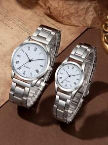 2pcs Fashionable Business Casual Men's And Women's Versatile Round Face Steel Strip Quartz Watch, Couple Gift Set; Suitable For Holidays And Daily Wear By Couples
