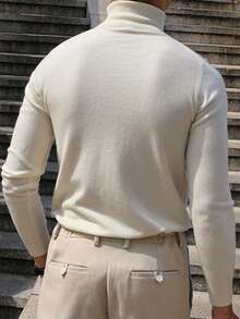 Men's Solid Color Casual High Neck Long Sleeve Sweater, For Fall Winter - Cream - View 2