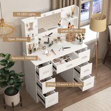 Modern Large Makeup Vanity Set White 7 Drawers Dressing Table & Lighted Mirror - White - View 5