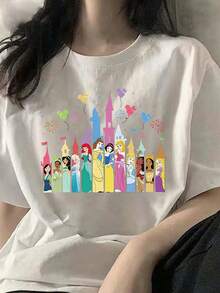Women's Cartoon Print Casual Loose Daily Simple Style Round Neck Short Sleeve T-Shirt Tops Cute Tops, Micro Elastic, Non-See-Through, Easy Care Material, Perfect For Daily Wear