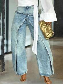 GLOURI Barrel Jeans For Women, Baggy Jeans - 2 In 1 High Waist Vintage Washed Denim With Faux Two-Layer Overlay Design & Side Zipper | Urban Explorer Pants For Weekend Street Style - 藍色 - 查看 2