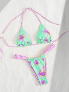 PEPPERMOLLY Women's Sexy Floral Print Halter Neck 2 Pieces Bikini Set, Summer Beach - Green - View 3