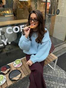 Senya 女士秋冬季浅蓝色圆领长袖针织衫，宽松休闲百搭落肩套头毛衣，女士冬季毛衣，新年 - 藍色 - 查看 4