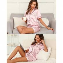 Womens Silk Pajamas, Short Sleeve Satin 2 Piece Pj Sets Button-Down Sleepwear Loungewear Pjs Shorts Set S-XXL - A-light Pink - 查看 4