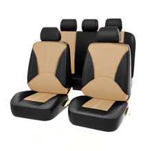 2/5 Seats PU Leather&Fabric Car Seat Covers Front Rear Protector Universal Breathable Side Airbag Compatible All Season Easy To Install - 黑色和米色 - 查看 1
