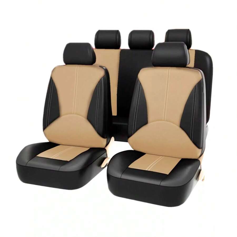2/5 Seats PU Leather&Fabric Car Seat Covers Front Rear Protector Universal Breathable Side Airbag Compatible All Season Easy To Install - 黑色和米色 - 查看 1