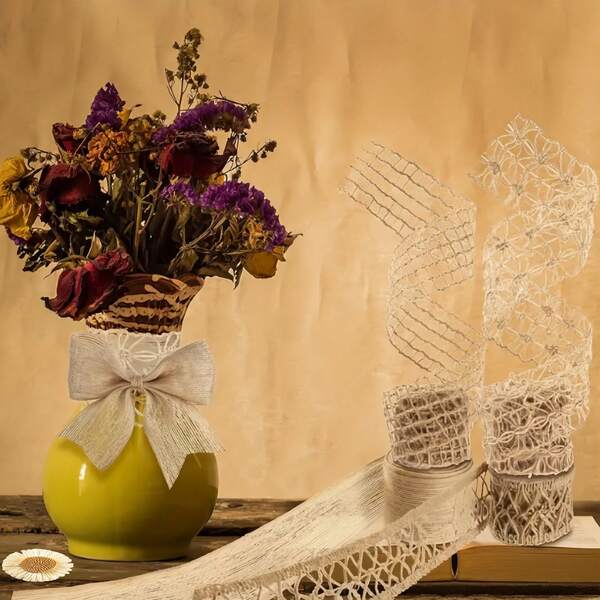 أربع لفات من شريط الخيش الطبيعي الخشن والدانتيل الخيشي لحفلات الزفاف، حبل الخيش الطبيعي الخام للأعمال اليدوية وتغليف الهدايا وديكور حفلات الزفاف والمنزل وزينة عيد الميلاد وديكور غرف الشتاء