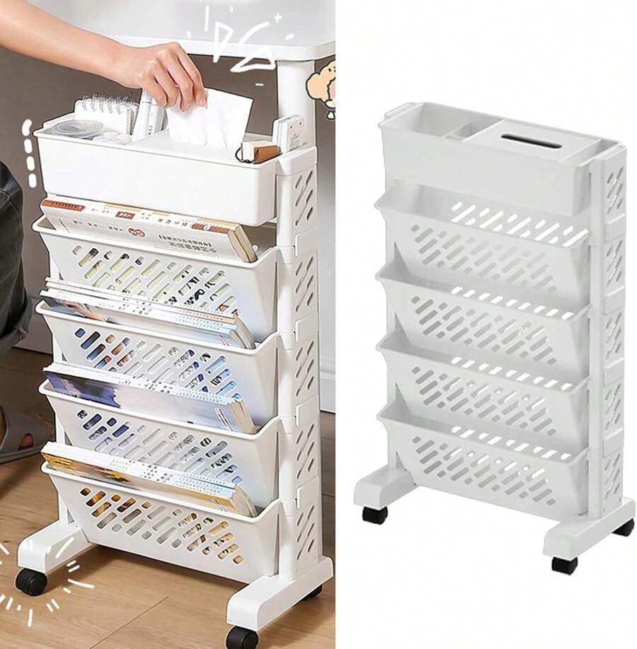 Lislark Mobile Bookshelf With Wheels Bookshelf Trolley Small, Book Storage Trolley Cart 5-Tier Rolling Bookcase, Movable Bookshelf Trolley Slim Bookcase For Living Room Bedroom Office Library, White - White-5 Tier - View 1