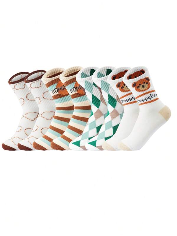 4 Pairs Geometric Plaid & Striped Mid-Calf Socks For Women, Casual Style, Comfortable Wear, Autumn/Winter