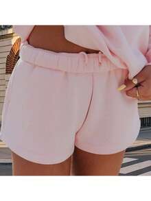 Women Athletic Shorts Loose Fit Solid Color Drawstring Sweatshorts For Yoga Running - 粉色 - 查看 3