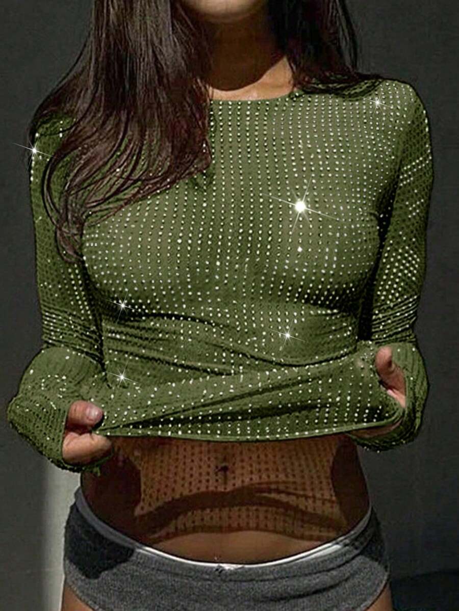 Áo thun nữ dài tay cổ tròn ôm sát, chất liệu lưới, bóng bẩy, thích hợp cho các hoạt động ngoài trời, cắm trại, lễ hội âm nhạc, trang phục Halloween. - xanh quân đội - Xem 1