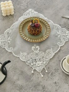 1/2/4/6pcs White Lace Square Coasters, French Vintage High-End Beaded Sequin Handmade Embroidered Placemats, Suitable For Coffee Table, Daily Use, Festivals, Weddings, Parties, Home Decor, Dorm Decor, Photography Background - White - View 2
