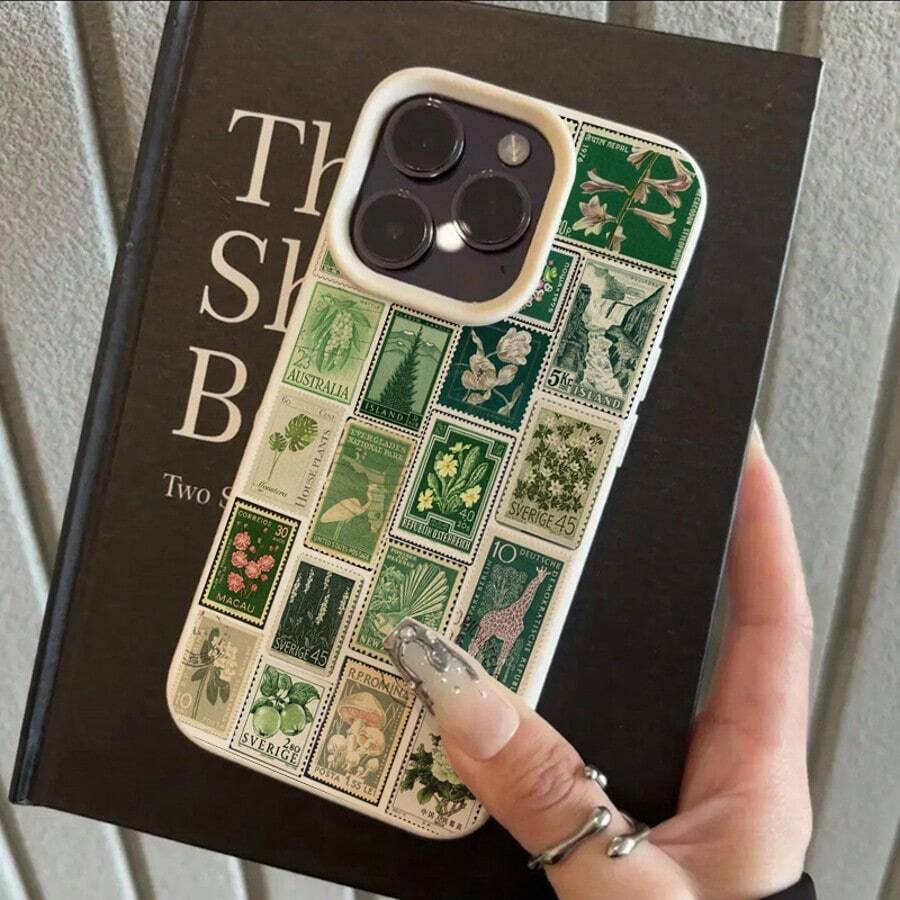 1pc TPU Material Green Vintage Stamp Full Screen Pattern Phone Case Compatible With Apple/ Phones - White - View 1