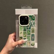 1pc TPU Material Green Vintage Stamp Full Screen Pattern Phone Case Compatible With Apple/ Phones - White - View 3