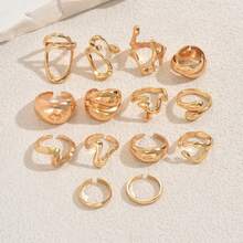 14pcs Irregular Hollow Round Smooth Gold Stackable Rings Set, Versatile Accessory Suitable For Any Occasion, High-End Matching Earrings, Perfect Romantic Gift For Women