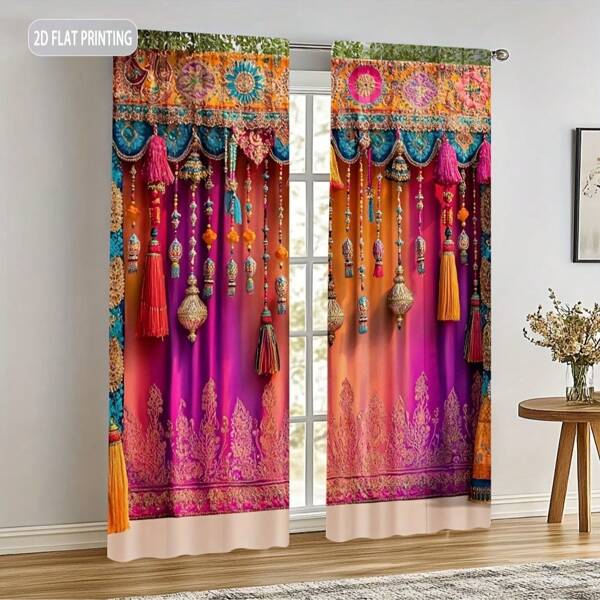 2pcs Bright Style Printed Curtains - Beautiful Semi-Sheer Drapes With Rod Pocket For Bedroom, Office, Living Room, Great For Home Decoration Or Seasonal Gifts