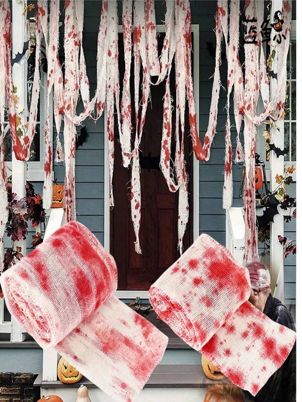 1 set Tela ensangrentada de Halloween, gasa ensangrentada espeluznante, tiras de tela ensangrentada, tela ensangrentada simulada, accesorios de disfraz para fiesta de casa embrujada, cinta de advertencia para escena de terror, suministros de decoración de fondo para fiesta