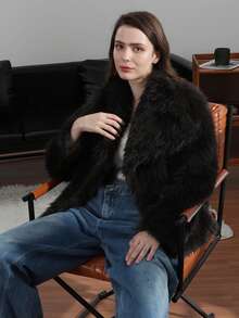 HH Faux Fur Jacket For Women Elegant Solid Lapel Long Sleeve Coat Casual Loose Female Winter Oversize Lady Chic Streetwear Jakcets - Màu xám đen - Xem 5