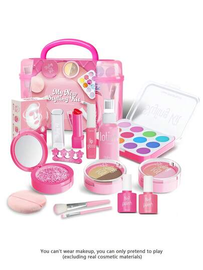 Juego de cosméticos para niños y niñas pequeñas, maquillaje infantil, lápiz labial, rubor en polvo para el rostro, set de cosméticos infantiles, maquillaje de simulación de juguete (no cosméticos reales), juguetes adecuados para niñas de 3 a 9 años, regalos de cumpleaños y regalos festivos ideales para niñas